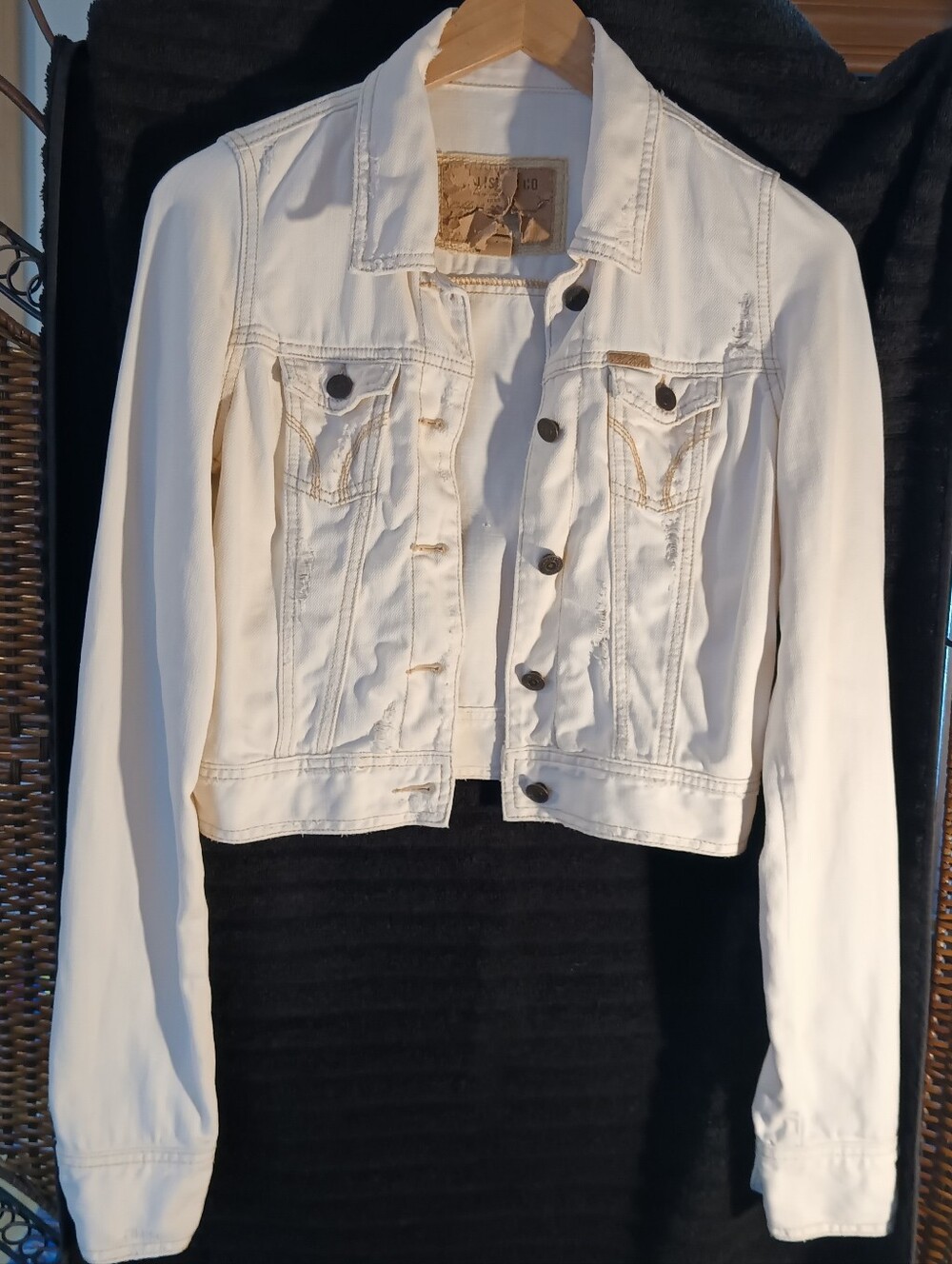 Creamy White Denim Hollister Distressed Jacket Classic Crop Style